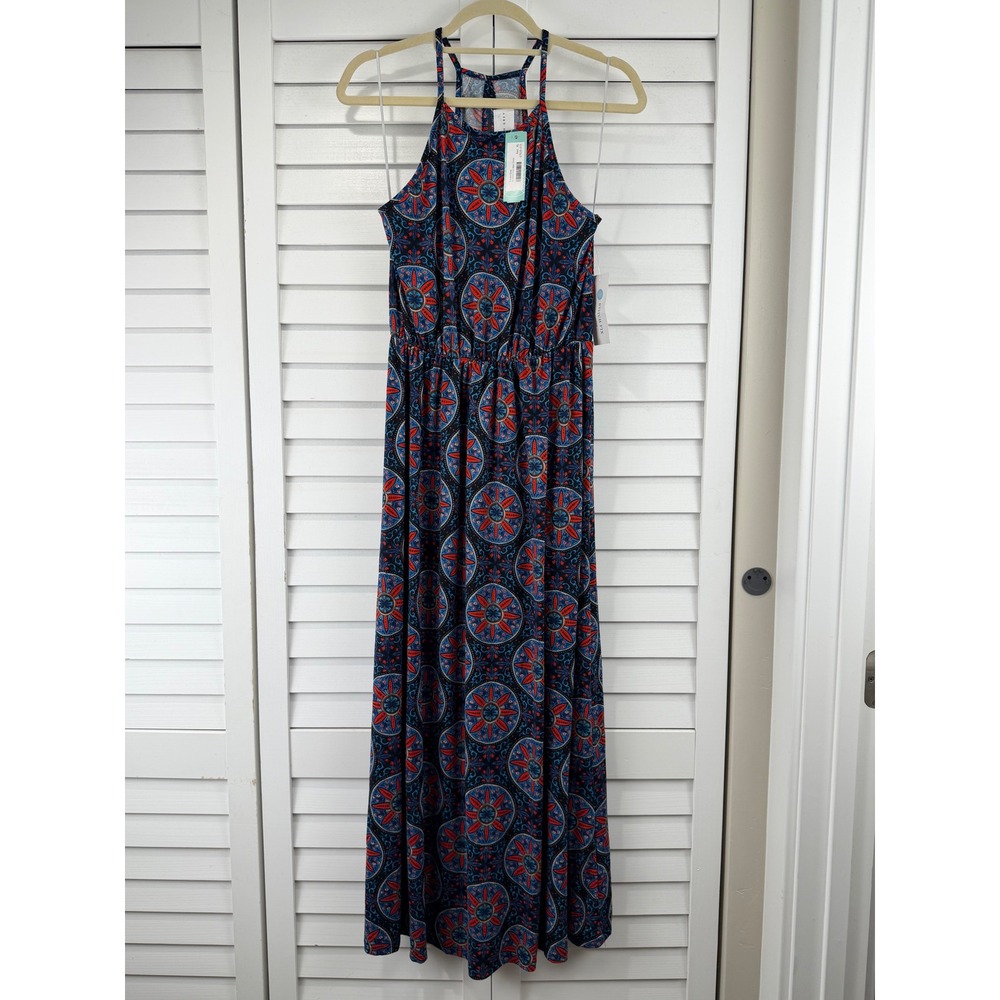 French Grey Maxi Dress XL Red Medallion Print Halter Neck NEW